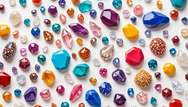 A captivating layout of colorful polymer clay gems and crystals on a white background, showcasing their dazzling hues and intricate designs, Generative AI