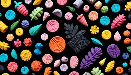 A creative layout of colorful polymer clay home decor items on a black backdrop, highlighting the artistic potential of clay crafting, Generative AI