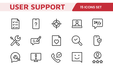 Customer Support Icon Set.  Icons for enhancing user assistance, perfect for help centers, chat interfaces, and service platforms to streamline communication and improve user experience.