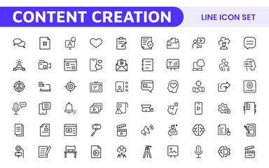 Content Creation Icon Set. Creative and versatile icons for bloggers, vloggers, and digital creators, perfect for enhancing editing tools, social media apps, and multimedia projects.