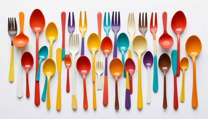 A unique display of colorful polymer clay kitchen utensils, like spoons and forks, on a white background, celebrating the joy of cooking, Generative AI