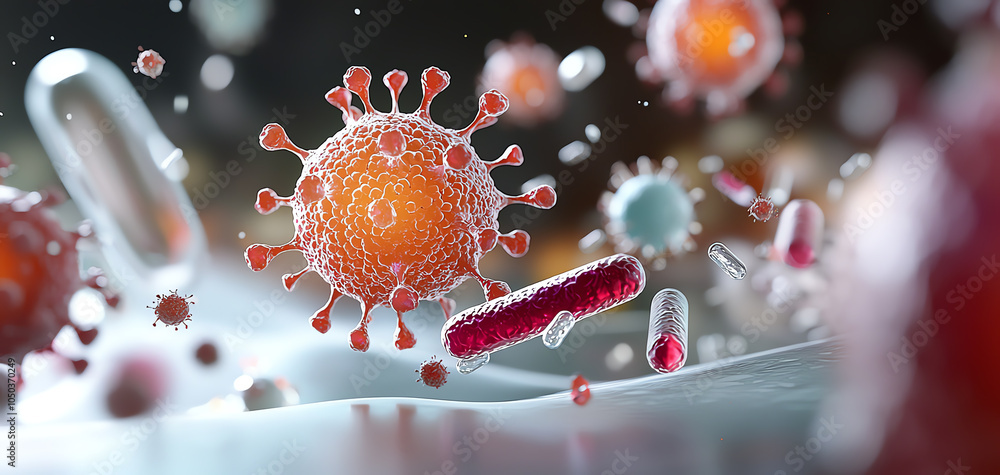 Poster exploring the dynamic interaction between bacteria and human immune cells a microscopic journey into