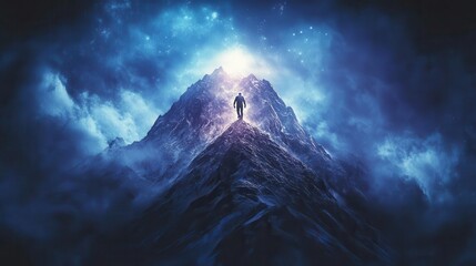 determined individual scaling a steep mountain slope towards a glowing summit, symbolizing the pursuit of success and the growth mindset against a dramatic backdrop