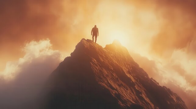 determined individual scaling a steep mountain slope towards a glowing summit, symbolizing the pursuit of success and the growth mindset against a dramatic backdrop