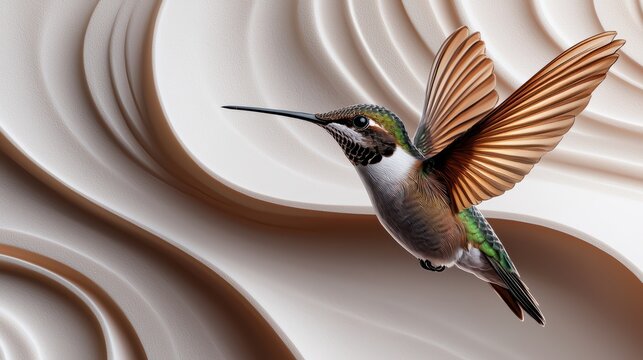 Hummingbird in Flight Against Minimalistic Background