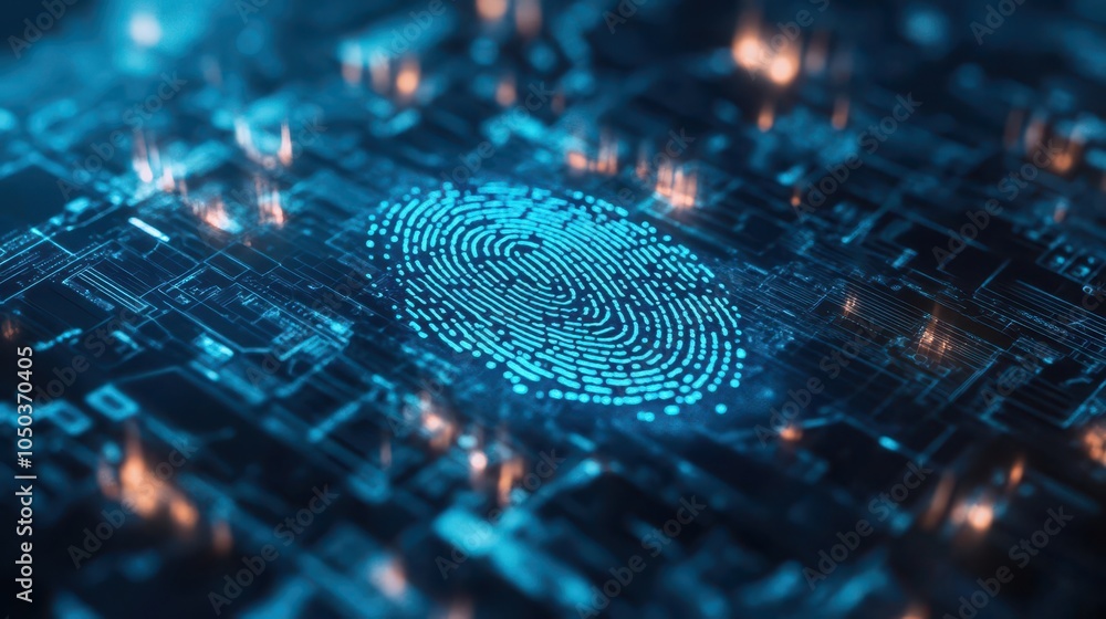 Poster digital fingerprint scanner interface, showcasing biometric identity verification and security, symb