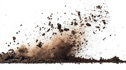 dirt and soil flying through the air in a dramatic burst, captured in mid-motion against a stark white background, highlighting the raw power of nature and earth