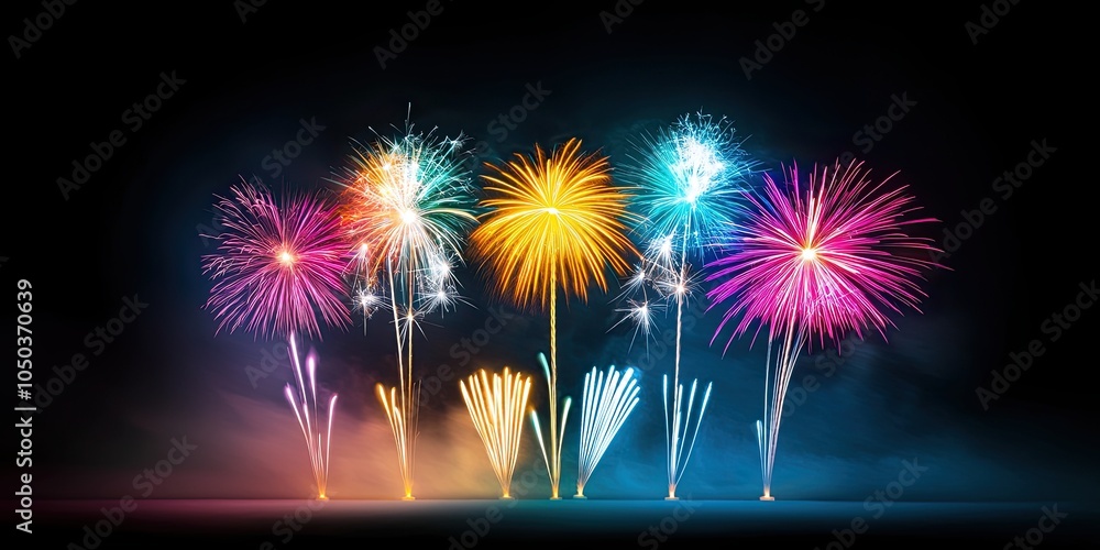 Poster a vibrant display of new year's fireworks exploding in the night sky with colorful bursts of light. 