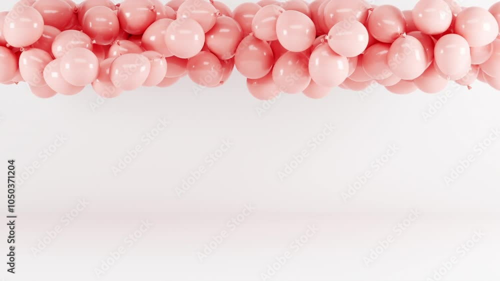 Poster pink color of balloons group up floating on white background studio for copy space. 3d animation. mi