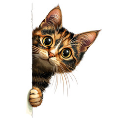 A curious cat peeking around a corner, beautifully illustrated with big eyes and vibrant fur. transparent background
