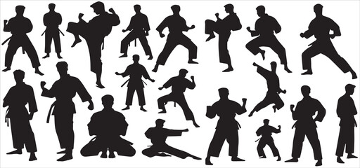Karate fighter in kimono, vector silhouette illustration. Japan China traditional martial art. self-defense presentation symbols. body poses icons. Karate poses signs. vector