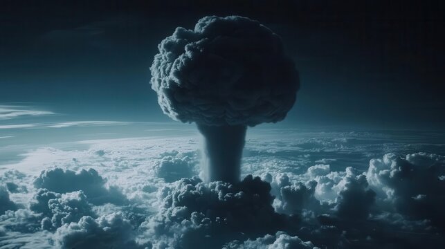 dramatic depiction of the tsar bomba mushroom cloud billowing against a dark sky, symbolizing the power and devastation of nuclear energy in a hauntingly beautiful manner