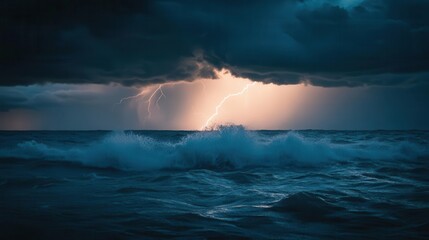 dramatic lightning strikes illuminating the stormy sea at dusk, creating a striking contrast between dark clouds and the vibrant blue waves