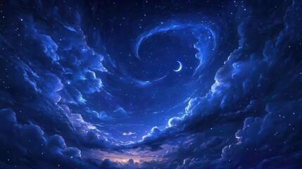 dramatic night sky filled with swirling clouds and a multitude of stars, with a hint of the moon peeking through, creating a celestial wonder