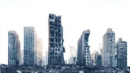 dramatic scene featuring a set of ruined skyscrapers isolated on a stark white background, emphasizing themes of desolation and urban decay in a compelling visual narrative