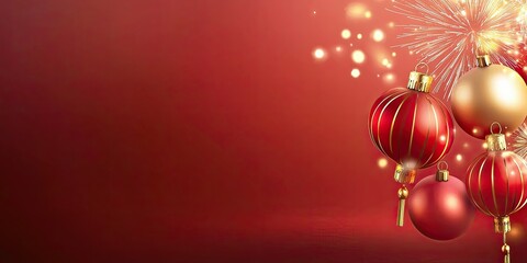 Festive Chinese New Year banner design with traditional lanterns, gold accents, and fireworks against a deep red backdrop. Perfect for 2025 event announcements.