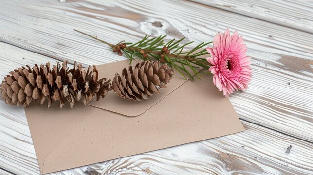 Festive Christmas Tree Branch with Cone Flowers and Paper Envelope Decoration on White Wooden Background