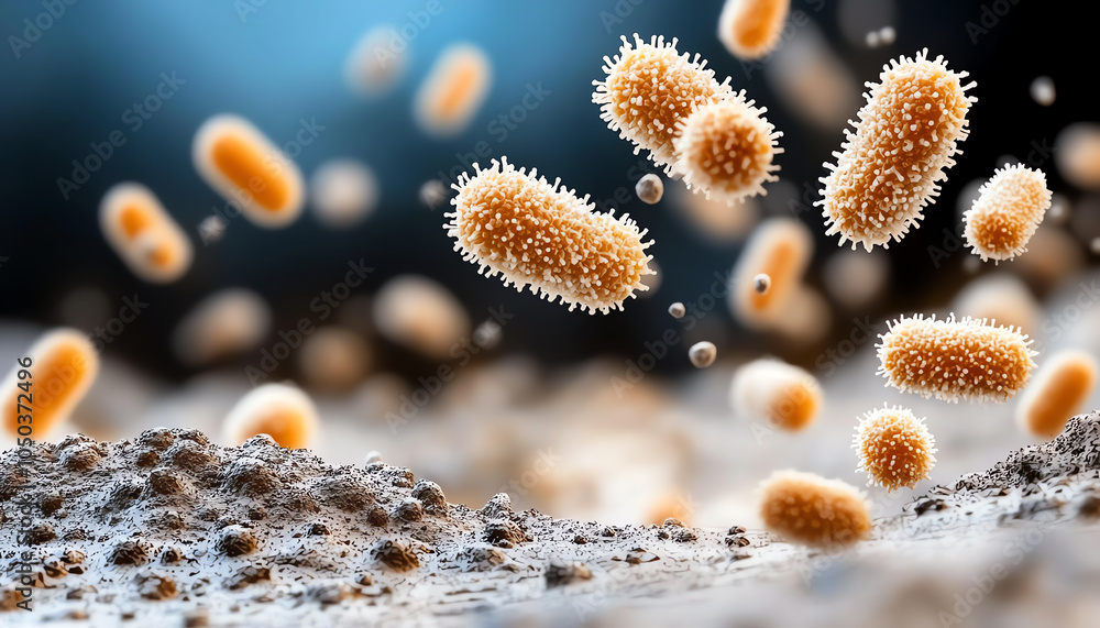 Aufkleber exploring the intricate world of bacteria thriving in contaminated soil a microscopic view into a hi