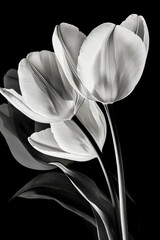 Three elegant tulips in black and white on a dark background.