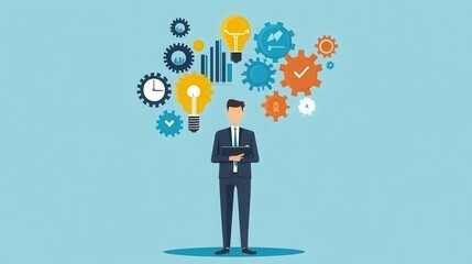 Business professional surrounded by gears and ideas, representing innovation and creativity in a modern setting.