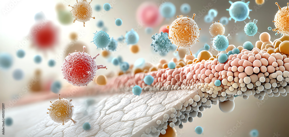 Poster exploring the intricate interactions between bacterial cells and human skin a visual representation 