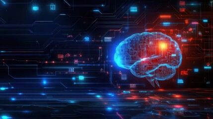 Fototapeta premium Digital brain with glowing circuits on a futuristic background, symbolizing artificial intelligence and innovation.