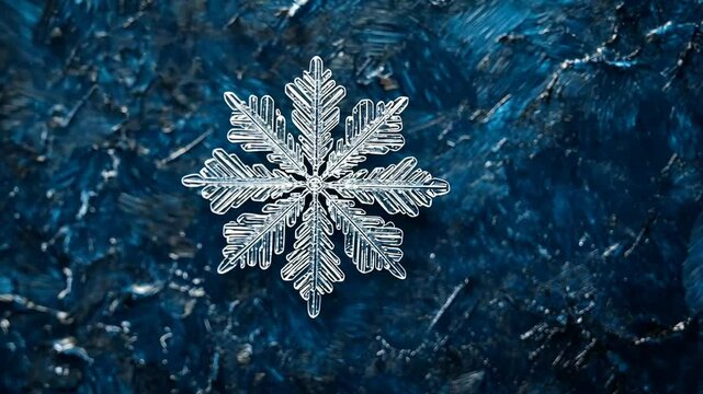 Intricate snowflake on textured dark blue background capturing winter's elegance