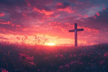 A wooden cross stands tall against a vibrant sunset sky, surrounded by a field of wildflowers.