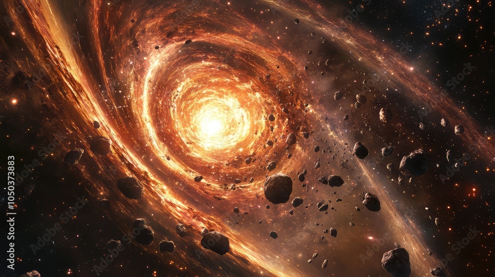 Poster a vibrant galaxy with swirling arms of stars, with asteroids scattered in the foreground, creating a