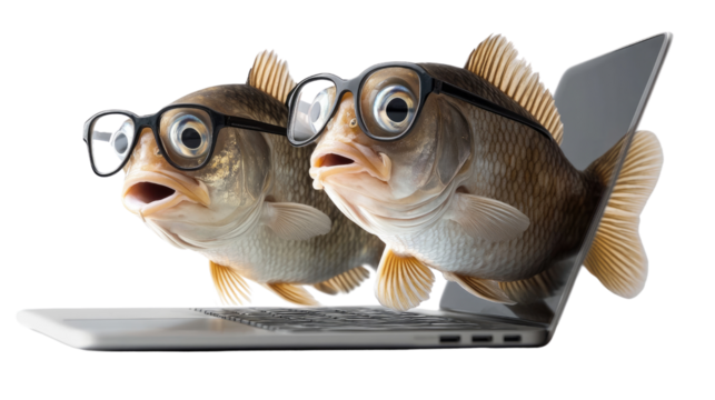 Funny goldfish wearing glasses swimming happily in a cartoon aquarium illustration