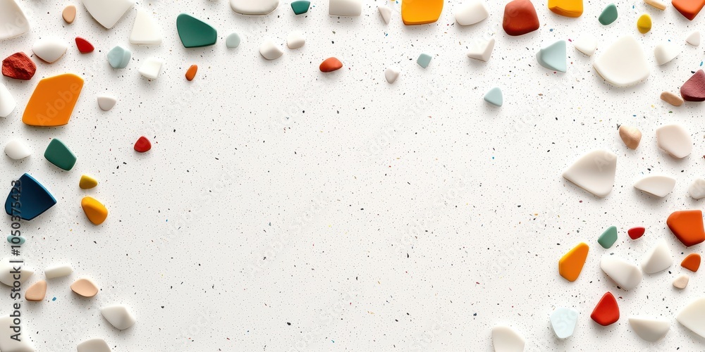 Poster realistic polished terrazzo floor texture with colorful stone chips embedded in a smooth surface.