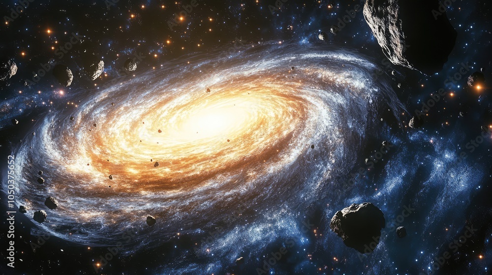 Poster a vibrant galaxy with swirling arms of stars, with asteroids scattered in the foreground, creating a