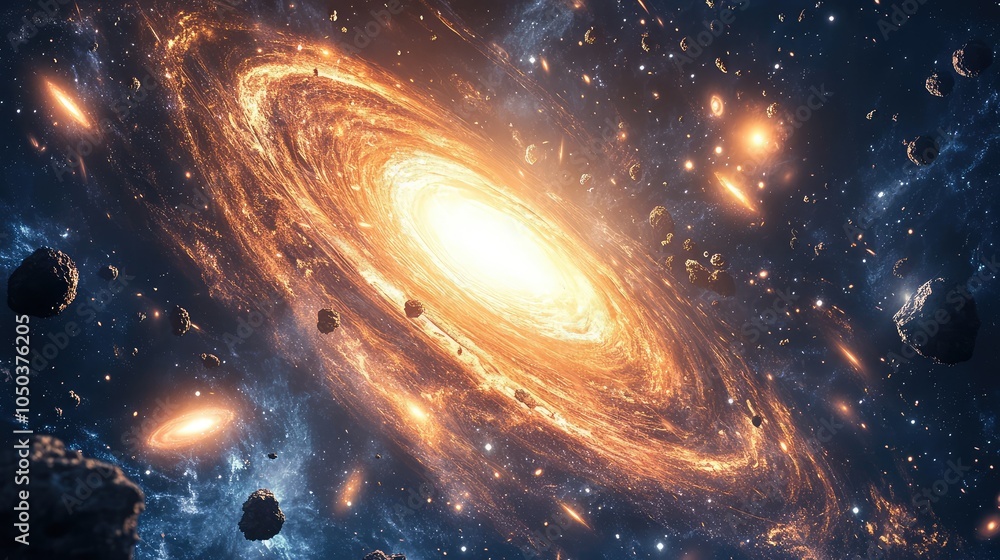Poster a vibrant galaxy with swirling arms of stars, with asteroids scattered in the foreground, creating a