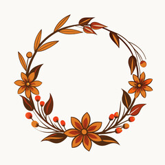 Obraz premium Autumnal Wreath with Leaves, Six-Petal Flowers, and Berries