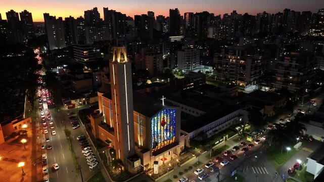 Curitiba Parana. Catholic Church At Curitiba In Parana Brazil. Sunset Landscape. Downtown District. Church Building. Catholic Church At Curitiba In Parana Brazil. Cityscape Background.