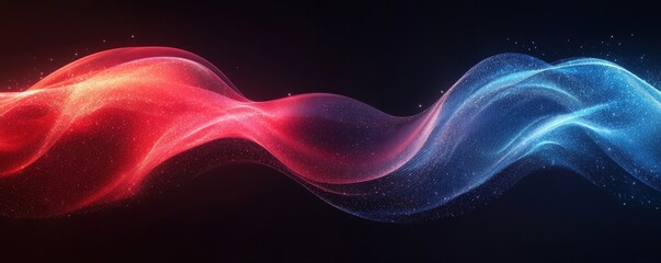 Obraz premium Abstract red and blue waves with glowing particles on a black background.