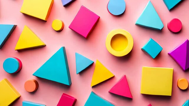 Vibrant geometric shapes on pink background: trendy colorful abstract design