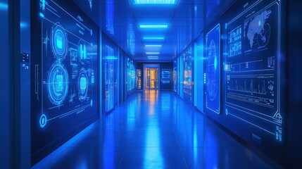 Fototapeta premium Futuristic hallway with glowing blue screens displaying data and information.