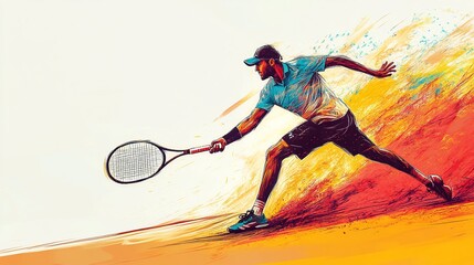 sketch illustration of a man playing tennis, minimal, pencil drawing, colourful, strong movement effect 