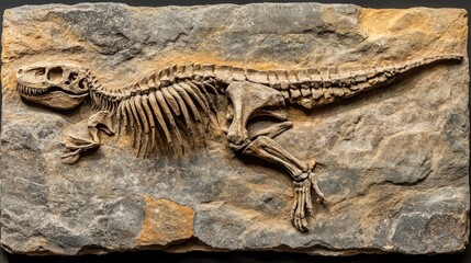 Naklejka premium A close-up of a dinosaur skeleton fossil embedded in a rock.