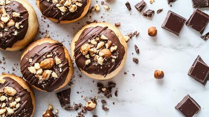 Fototapeta premium Chocolate-drizzled paczki topped with crushed nuts, isolated on a white marble surface, surrounded by chocolate chunks and hazelnuts