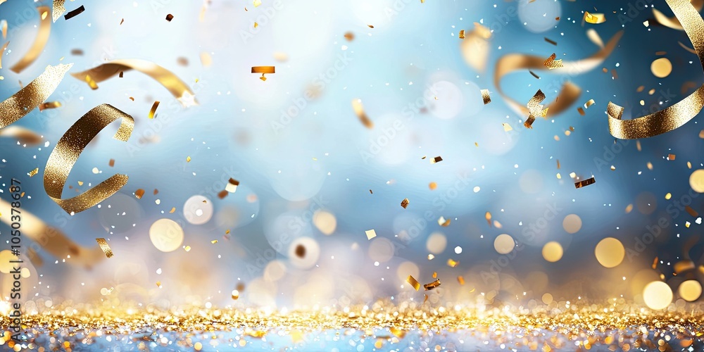 Poster subtle golden sparkles and confetti scattered over a soft-focus midnight background for a simple and