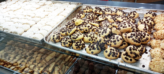 Dessert table with all kinds snacks on light background. Candy bar. Celebration concept. Top view, flat lay, panorama