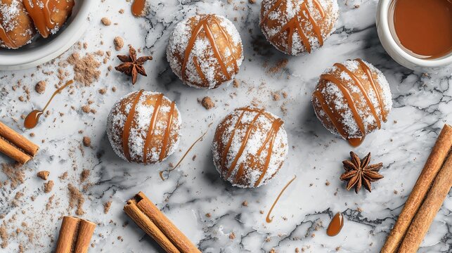 Cinnamon sugar-coated paczki balls, isolated on a gray marble background, surrounded by cinnamon sticks, nutmeg dust, and a drizzle of caramel