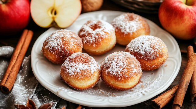 Mini paczki coated in cinnamon sugar, placed on a white porcelain plate, surrounded by cinnamon sticks, powdered sugar, and fresh apple slices
