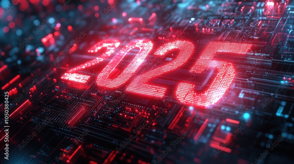 Poster the year 2025 rendered as glowing red digits on a circuit board.