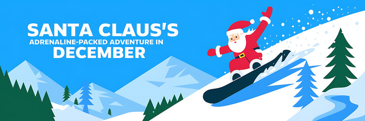 Santa Claus snowboarding down a snowy mountain  red and white  winter holiday fun   