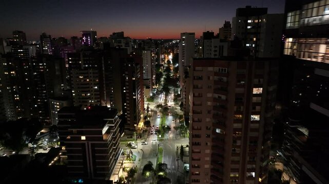 Curitiba Skyline At Curitiba In Parana Brazil. Traffic Avenue. Downtown District. City Night Landscape. Curitiba Skyline At Curitiba In Parana Brazil. Cityscape Background. Parana Brazil. 