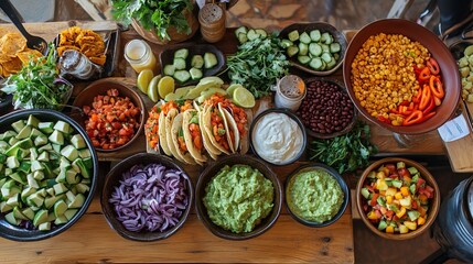 Fototapeta premium A plant-based taco bar with an array of fillings such as grilled veggies, beans, guacamole, and vegan sour cream, perfect for a party.
