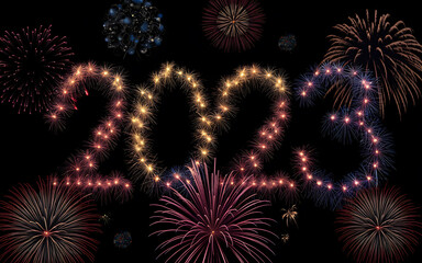 Fireworks forming 2023 in gold and blue  celebrating New Year s Eve   